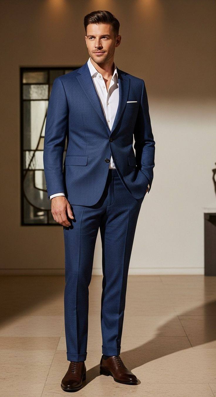 Tailored blue suit by Sahib — sharp shoulder line and clean lapel.