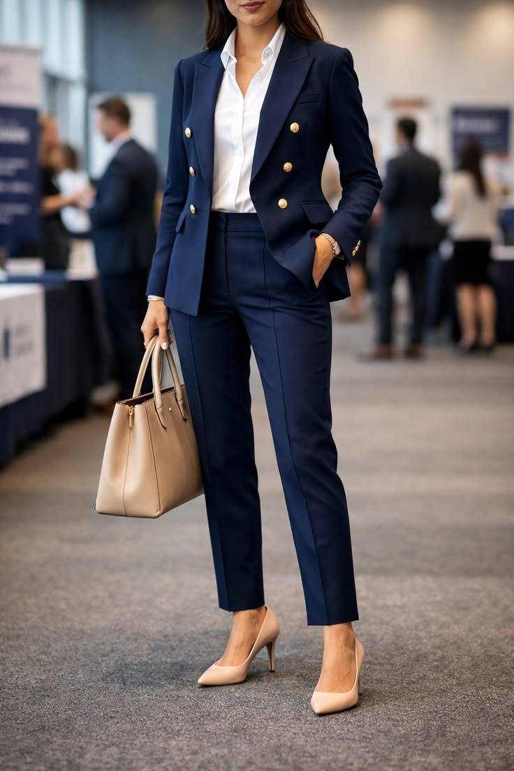 Tailored blue business suit.
